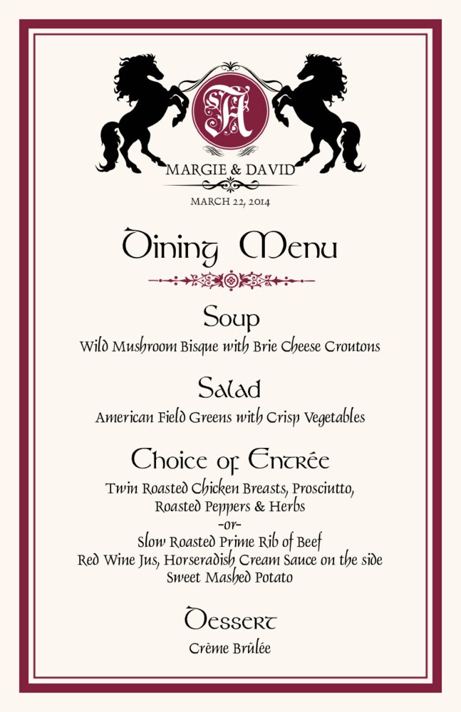 Chevalier Horse Monogram Wedding Menus and Reception Menu Cards